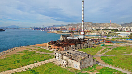 Aerial drone view from abandoned public fertiliser factory as seen at sunny winter slightly cloudy...