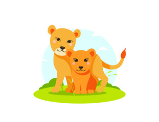 Vector lioness with lion cub in flat cartoon style with landscape. Young lion sitting on the field. Happy animals in the wild. Cute children's illustration on white background. EPS10