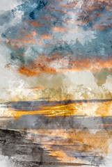 Digital watercolor painting of Stunning colorful sunrise over beach landscape on English South coast