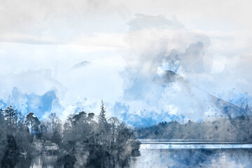 Digital watercolor painting of Dramatic landscape image looking across Derwentwater in Lake District towards Catbells snowcapped mountain with thick fog rolling through valley