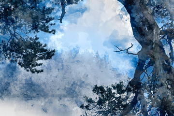 Digital watercolor painting of Stunning landscape image of misty Derwentwater in Lake District on cold Winter morning