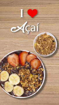 Fronzen de A&ccedil;ai brasileiro, on a rustic wooden table, Text from the photo where it reads: I love a&ccedil;a&iacute;, a&ccedil;a&iacute; being a typical Brazilian fruit. Vertical photo. View from the top.