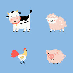 Set of cute cartoon farm animals isolated on blue background.Farm animals and bird in trendy flat style, including cow, sheep, rooster, pig.Vector illustration design for stickers, stripe, embroidery.