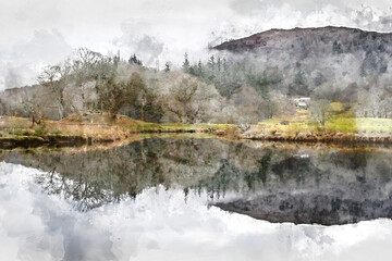 Digital watercolor painting of Dramatic landscape image looking across River Brathay in Lake District towards Langdale Piks mountain range on mistry Winter morning