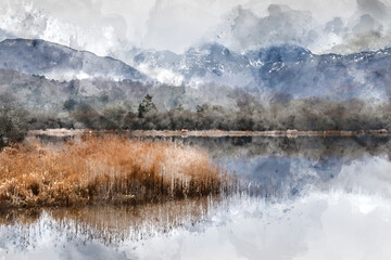 Digital watercolor painting of Dramatic landscape image looking across River Brathay in Lake District towards Langdale Piks mountain range on mistry Winter morning
