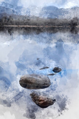 Digital watercolor painting of Dramatic landscape image looking across River Brathay in Lake District towards Langdale Piks mountain range on mistry Winter morning
