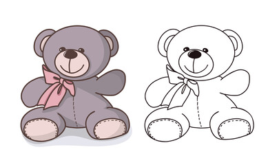 Vector hand-drawn illustration of a cute teddy bear. Gift toy for Valentines day, birthday, Christmas, holiday.