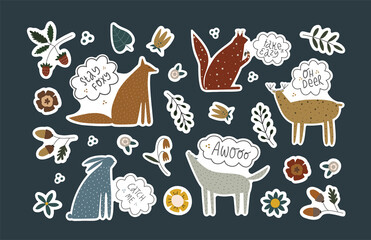 Set of stickers with wild forest animals.