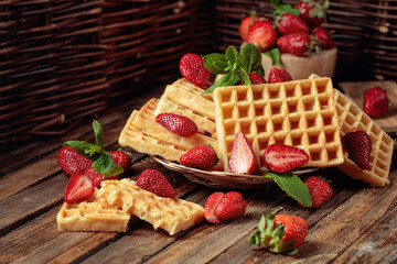 Waffles with strawberries and mint on a wooden table.
