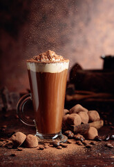 Glass of hot chocolate with whipped cream and truffles on an old brown table.