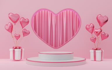 Empty white cylinder podium with pink border, gift boxes, hearts balloons on neon lamp arch and curtain background. Valentine's Day interior with pedestal. Mockup space for display. 3d render.