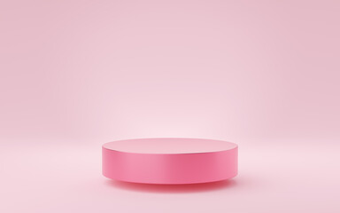 Empty pink cylinder podium floating on pink background. Abstract minimal studio 3d geometric shape object. Valentine's Day with pedestal. Mockup space for display of product design. 3d render.