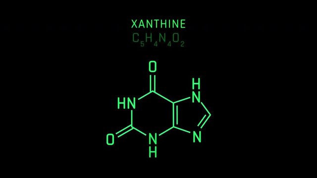 Xanthine or xanthic acid Molecular Structure Symbol Neon Animation on black background