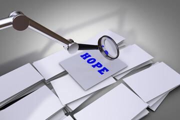 Magnifying glass shows on paper hope demonstrating lost hope concept. 3D illustration