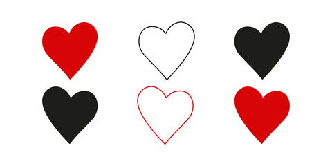 Red and black hearts on white background. Cute elements for romantic, valentines day, bridal, wedding, greeting card, letter, poster. Icons set. Vector isolated illustration.