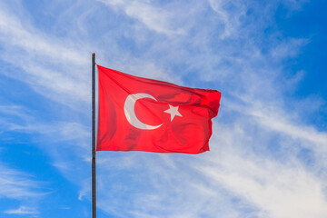 Waving flag of Turkey against blue sky