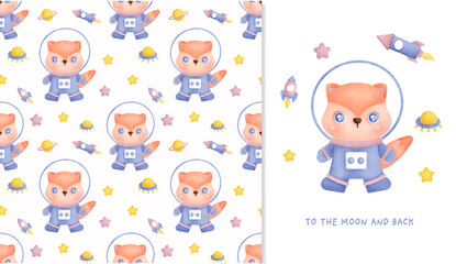 hand drawn Little bear in the galaxy seamless pattern and greeting card for scrapbooking, wrapping paper, invitations.