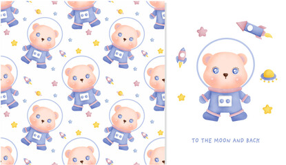 Obraz na płótnie Canvas hand drawn Little bear in the galaxy seamless pattern and greeting card for scrapbooking, wrapping paper, invitations.