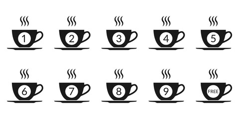 Coffee loyalty card concept with coffee cup icons. Buy 9 cups and get 1 for free. Cafe beverage promotion design template. Vector illustration.
