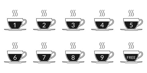 Obraz premium Coffee loyalty card concept with coffee cup icons. Buy 9 cups and get 1 for free. Cafe beverage promotion design template. Vector illustration.