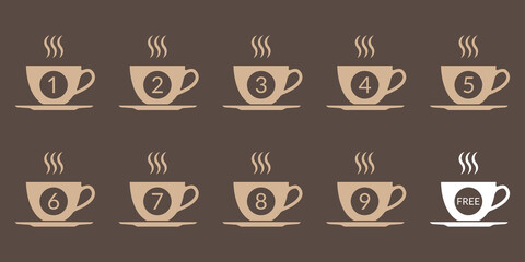 Coffee loyalty card concept with coffee cup icons. Buy 9 cups and get 1 for free. Cafe beverage promotion design template. Vector illustration.