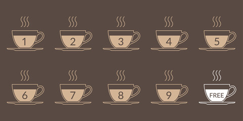 Coffee cup icon set for loyalty card design. Buy 9 cups and get 1 for free. Cafe beverage, hot drink promotion concept. Vector illustration.