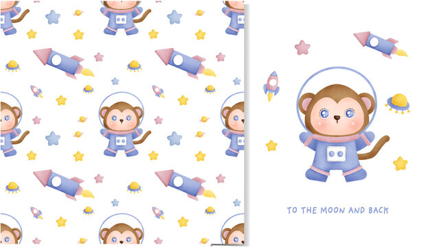 hand drawn Little Monkey in the galaxy seamless pattern and greeting card for scrapbooking, wrapping paper, invitations.