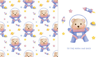 Obraz na płótnie Canvas hand drawn Little teddy bear in the galaxy seamless pattern and greeting card for scrapbooking, wrapping paper, invitations.