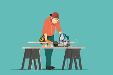 Carpenter with electric saw. Vector illustration.