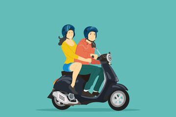 Boy and girl rides on scooter. Vector illustration.