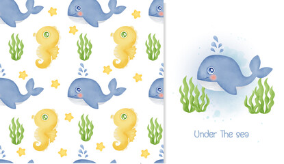 Watercolor seamless pattern and greeting card with blue whale and horse fish.