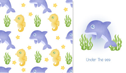 Watercolor seamless pattern and greeting card with cute dolphin.