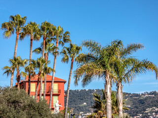 Quai Lunel à Nice sur la Côte d'Azur avec ses palmiers et ses maisons aux couleurs chaudes