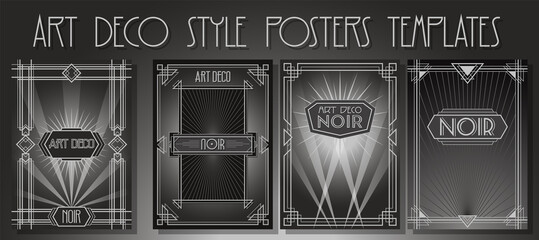 Art Deco Backgrounds, Frames. Noir Movies Posters Style Template Set, Retro Geometric Ornaments, Monochrome Backdrop  - obrazy, fototapety, plakaty