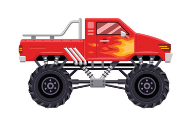 Fototapeta na wymiar Modern red Monster Truck vehicle with flames of fire on the side. Vector flat illustration