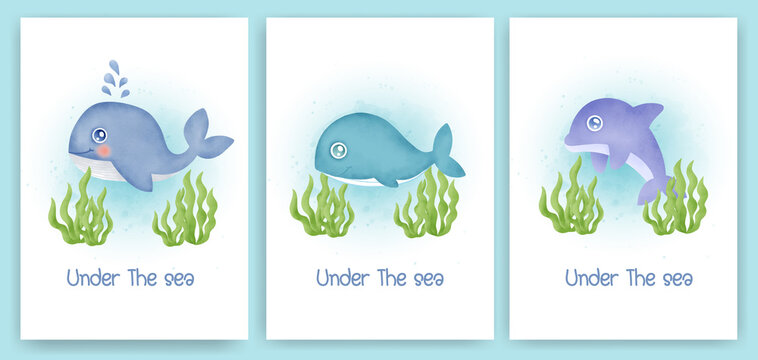 Water Color Set Of Baby Shower Greeting Cards With A Cute Sea Animals .