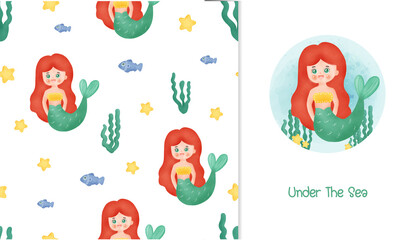 Obraz na płótnie Canvas Little mermaid card and seamless pattern .