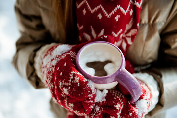 A mug of delicious cocoa with marshmallow in children's hands on a winter day.
