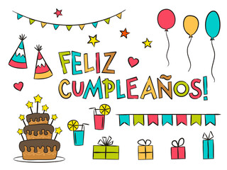 Set of spanish Happy Birthday elements isolated on white background. Hand-drawn holiday elements, gifts, balloons, cake. Vector illustration for Spain. Translation: Happy Birthday