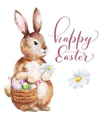 Watercolor easter bunny with basket of eggs. Watercolour festive illustration.