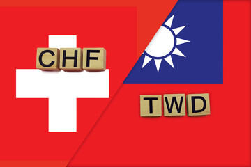 Switzerland and Taiwan currencies codes on national flags background