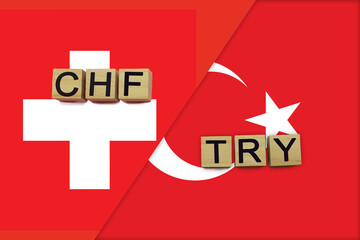Switzerland and Turkey currencies codes on national flags background