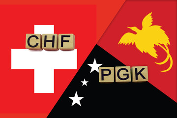 Switzerland and Papua New Guinea currencies codes on national flags background