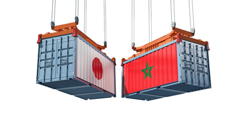 Freight containers with Japan and Morocco flag. 3D Rendering 