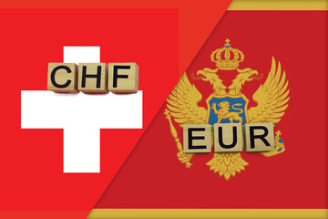Switzerland and Montenegro currencies codes on national flags background