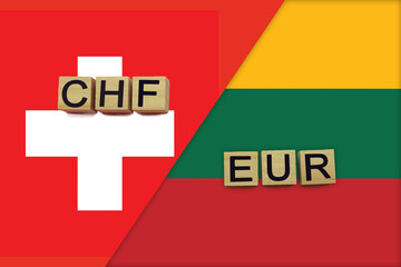 Switzerland and Lithuania currencies codes on national flags background