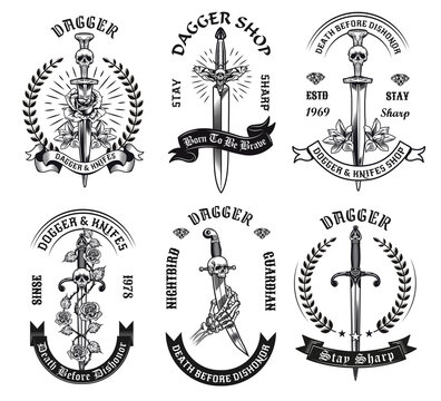 Dagger tattoo templates set. Monochrome design elements with long knives, skull and text on ribbon. Blade weapon concept for stamps and emblems templates