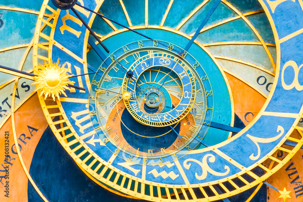 Poster Droste effect background based on Prague astronomical clock. Abstract design for concepts related to astrology and fantasy.