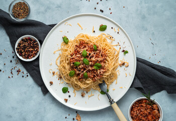 Bolognese pasta, cheese, parmesan and basil on a gray background. The view from the top. The concept of culinary backgrounds.