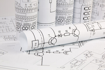 Work of an electronic engineer. Electrical engineering drawings close up.